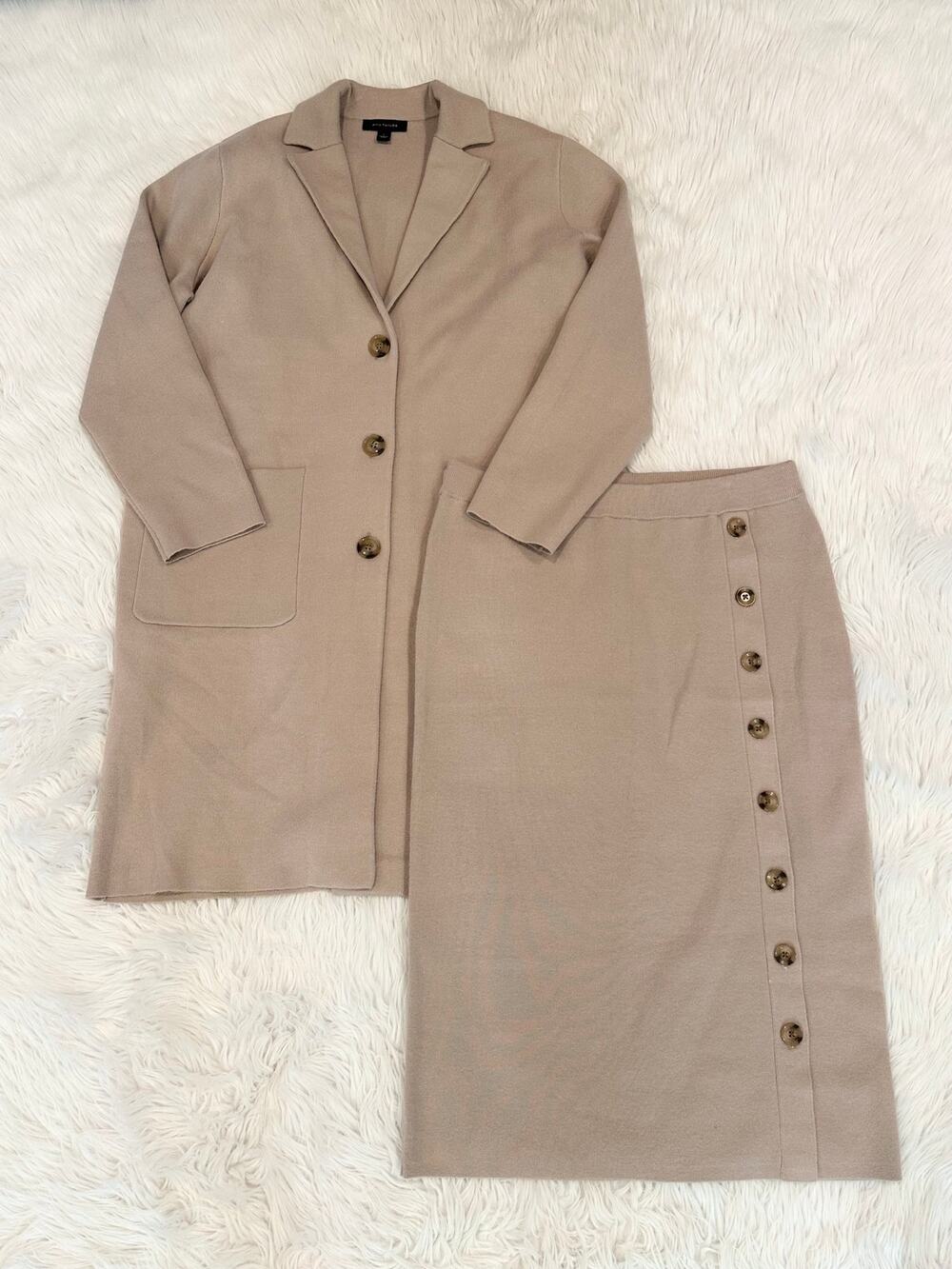 Ann Taylor Classic Knit Blazer Cardigan Button Midi Skirt Two Piece Sweater Set